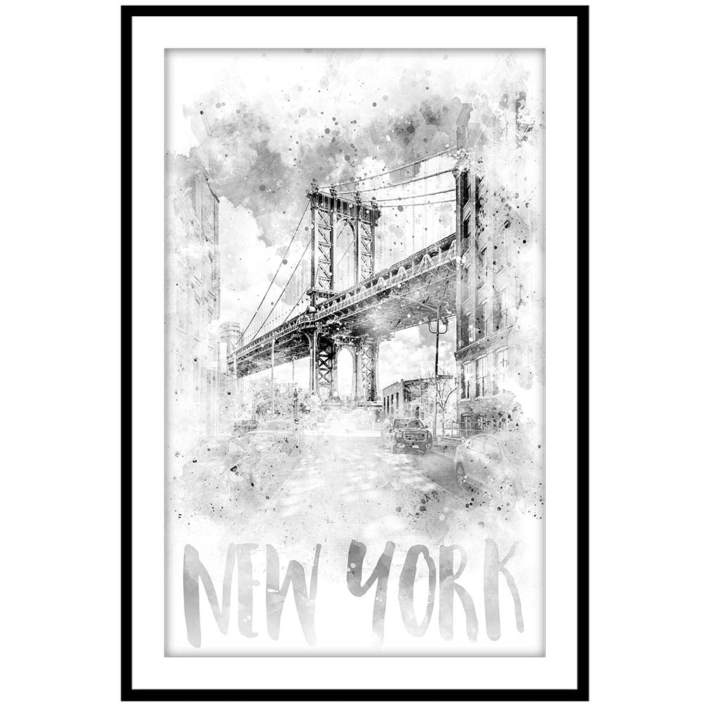 Monochrome Art NYC Manhattan Bridge Watercolor