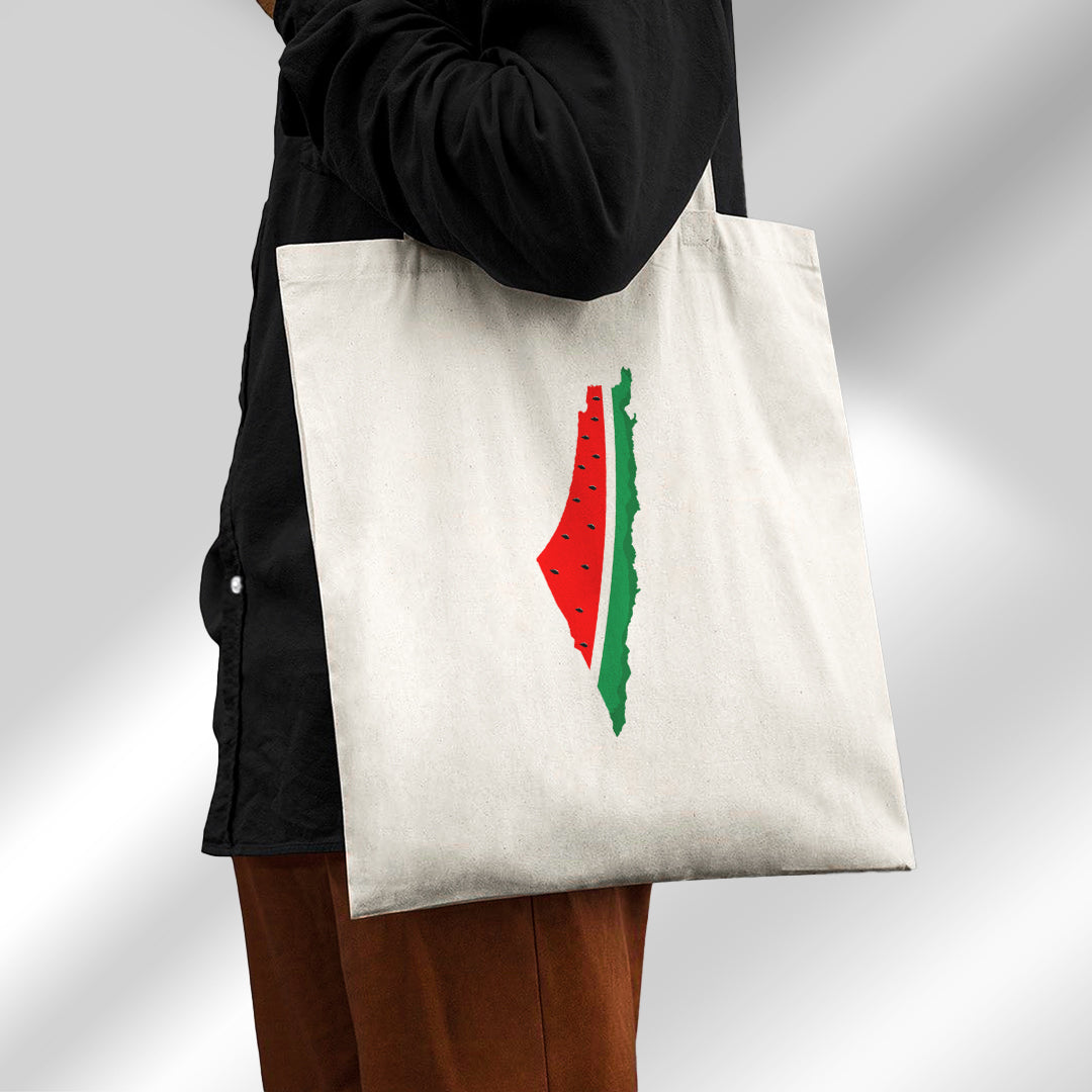 Jubilee - Beige Canvas Tote Bag with Abstract Red, Green, & Black Palestine Map Print