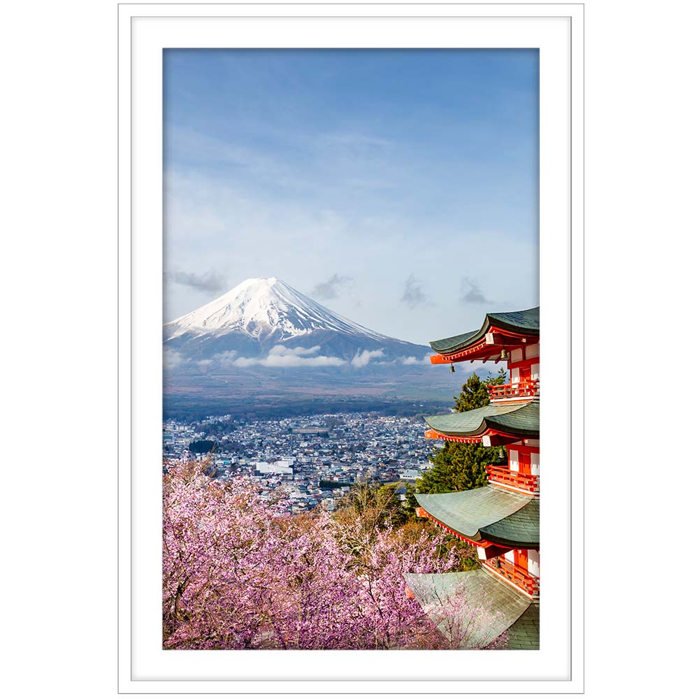 Mount Fuji with Chureito Pagoda during cherry blossom season