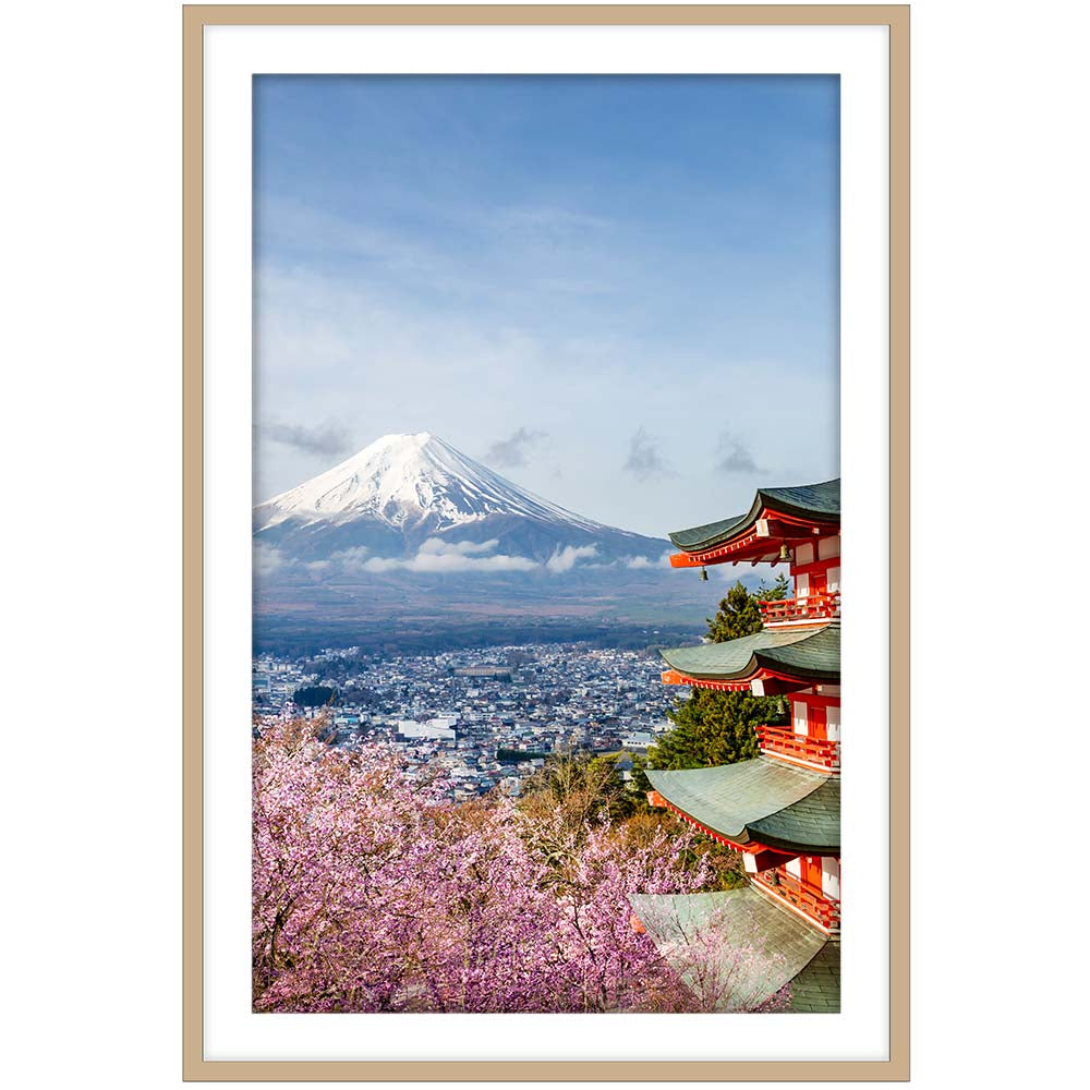 Mount Fuji with Chureito Pagoda during cherry blossom season