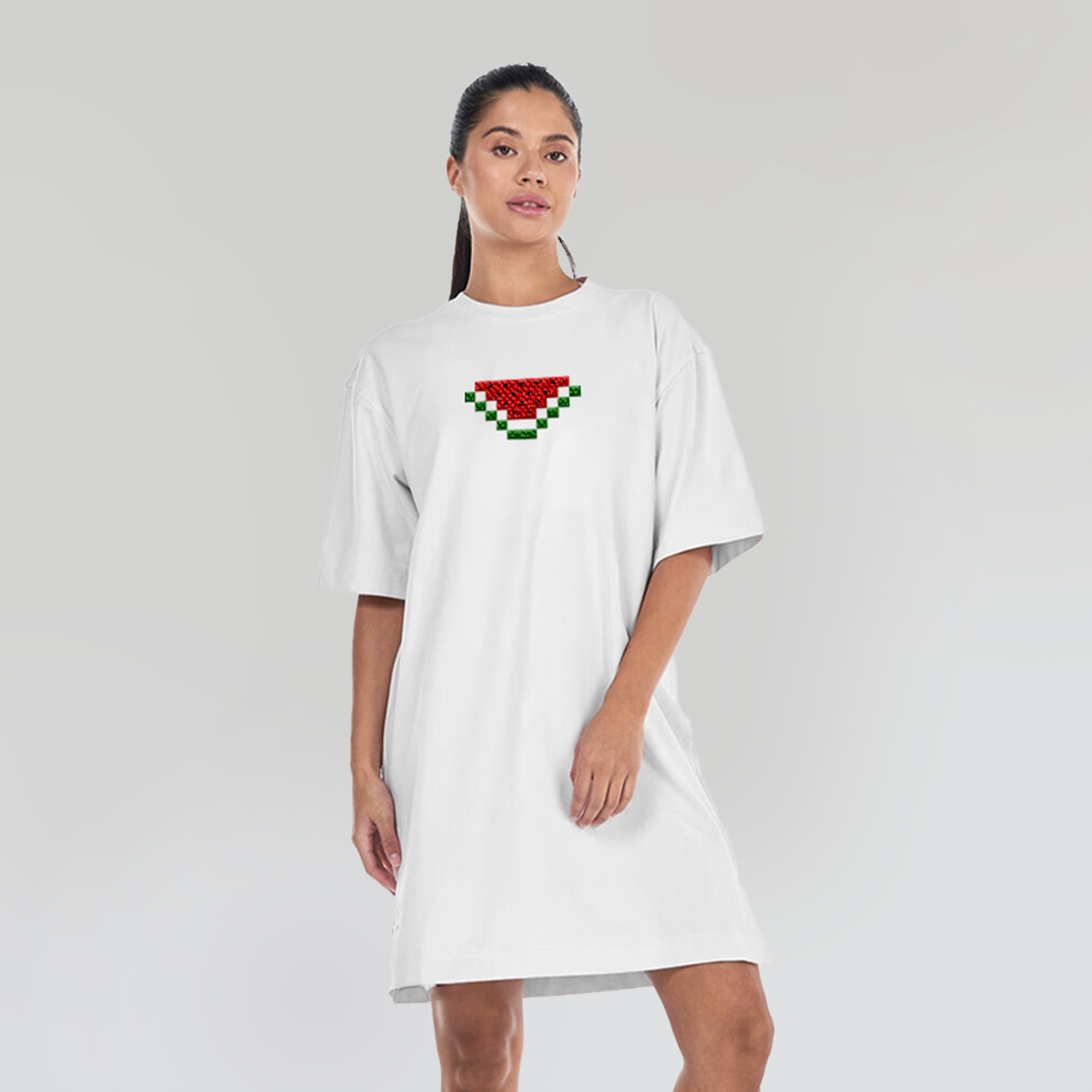 Battiikh - Watermelon Embroidered Woman’s T-shirt Dress White