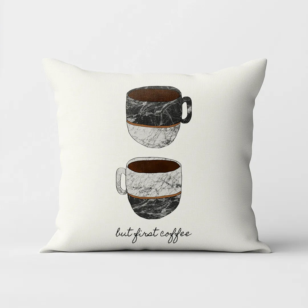 But First Coffee - White Cushion Cover with Coffee Mugs Print