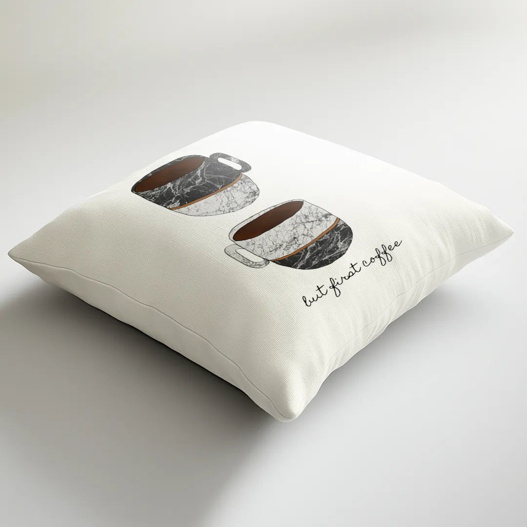 But First Coffee - White Cushion Cover with Coffee Mugs Print