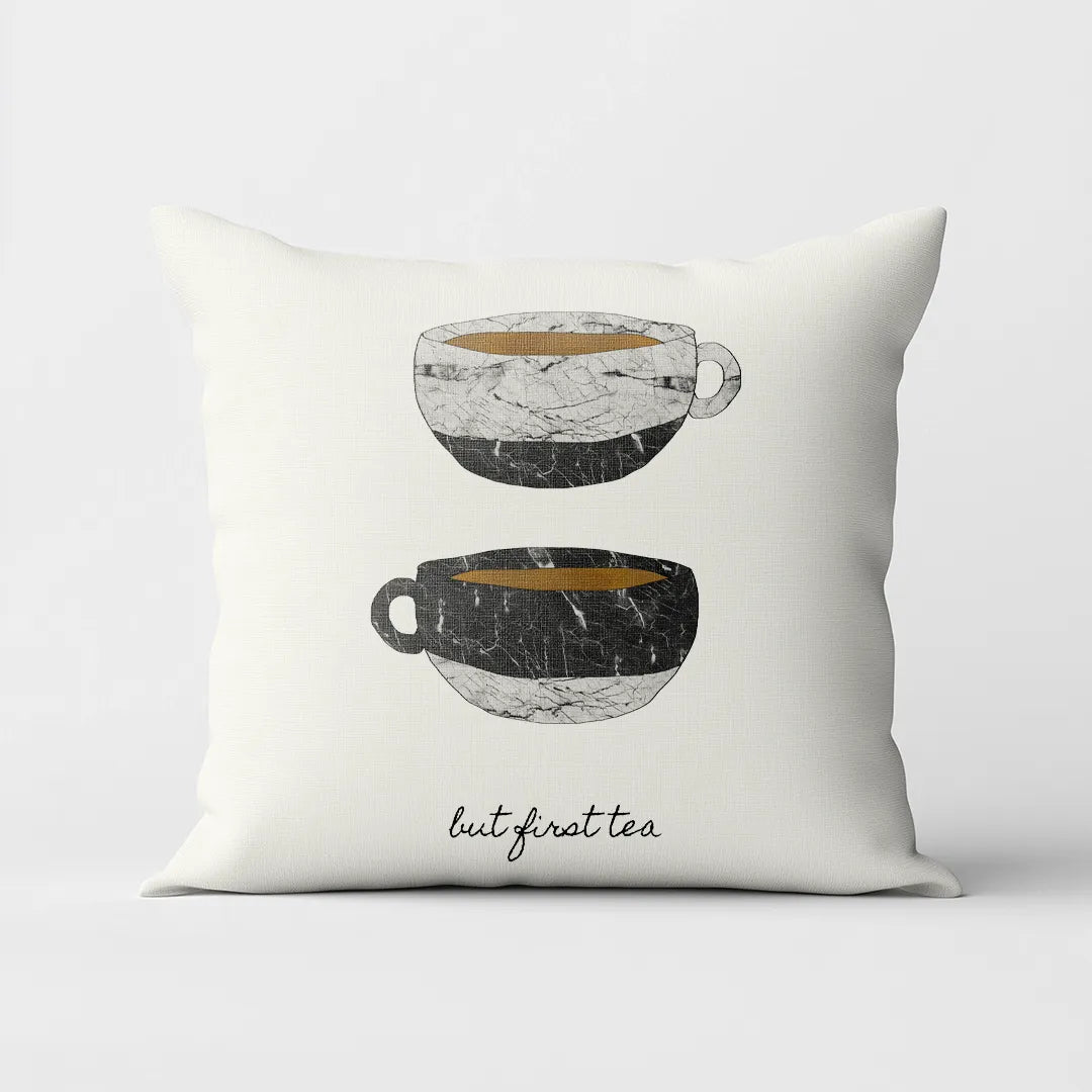 But First Coffee - White Cushion Cover with Tea Cups Print