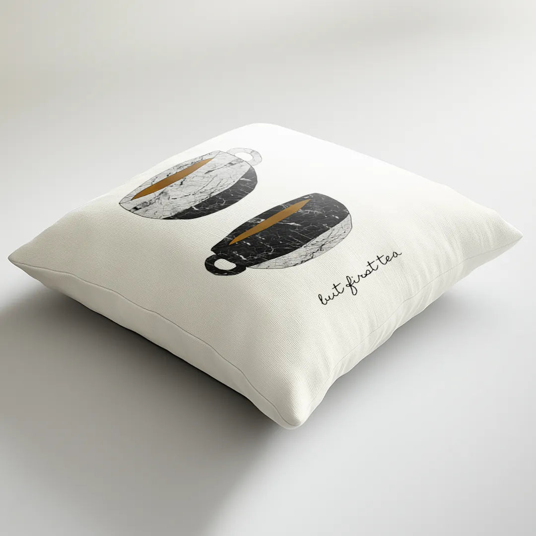 But First Coffee - White Cushion Cover with Tea Cups Print