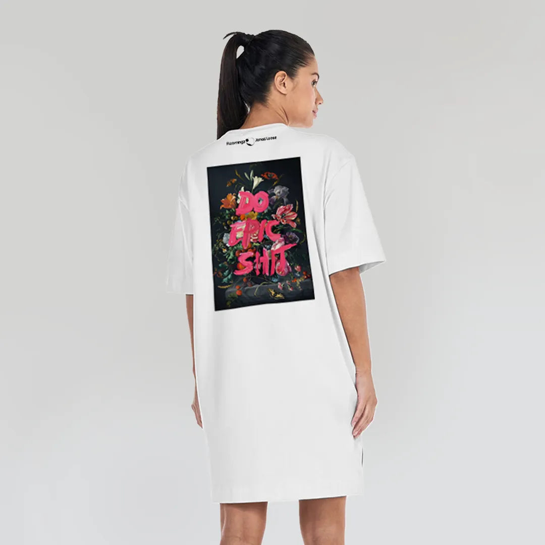 Do Epic Sh*t - Women’s White T-Shirt Dress with Embroidered Front & Printed Back Design