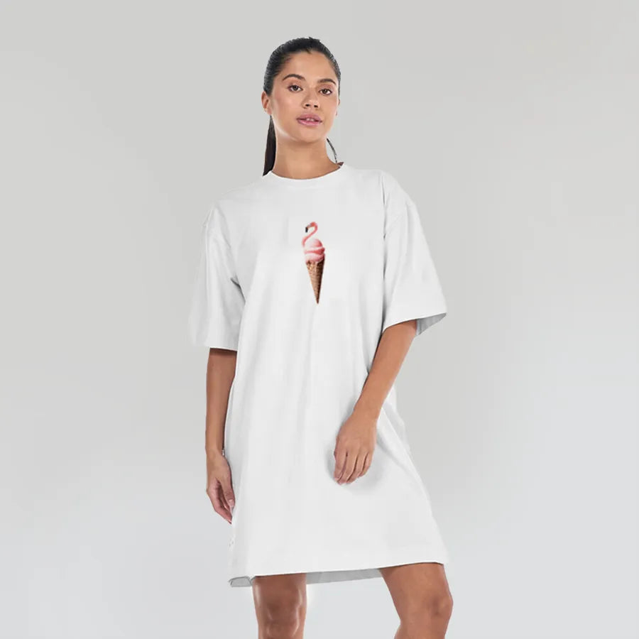 Flamingo Cone - Women’s White T-Shirt Dress – Front Graphic & Pink Rectangle Back Print