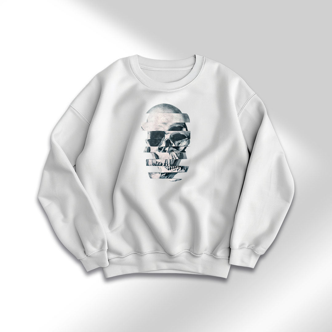 Glitch Skull – White Printed Sweatshirt