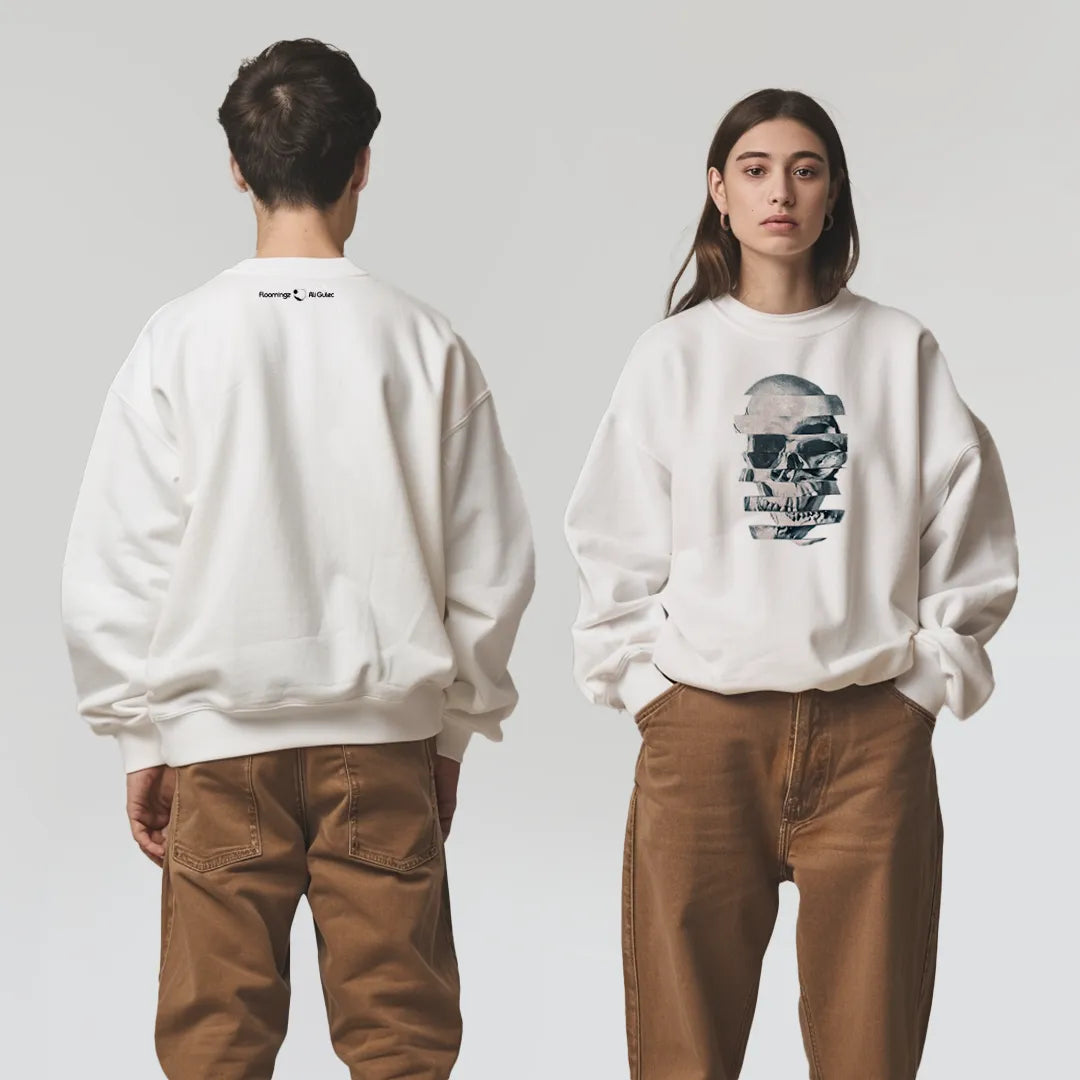 Glitch Skull – White Printed Sweatshirt