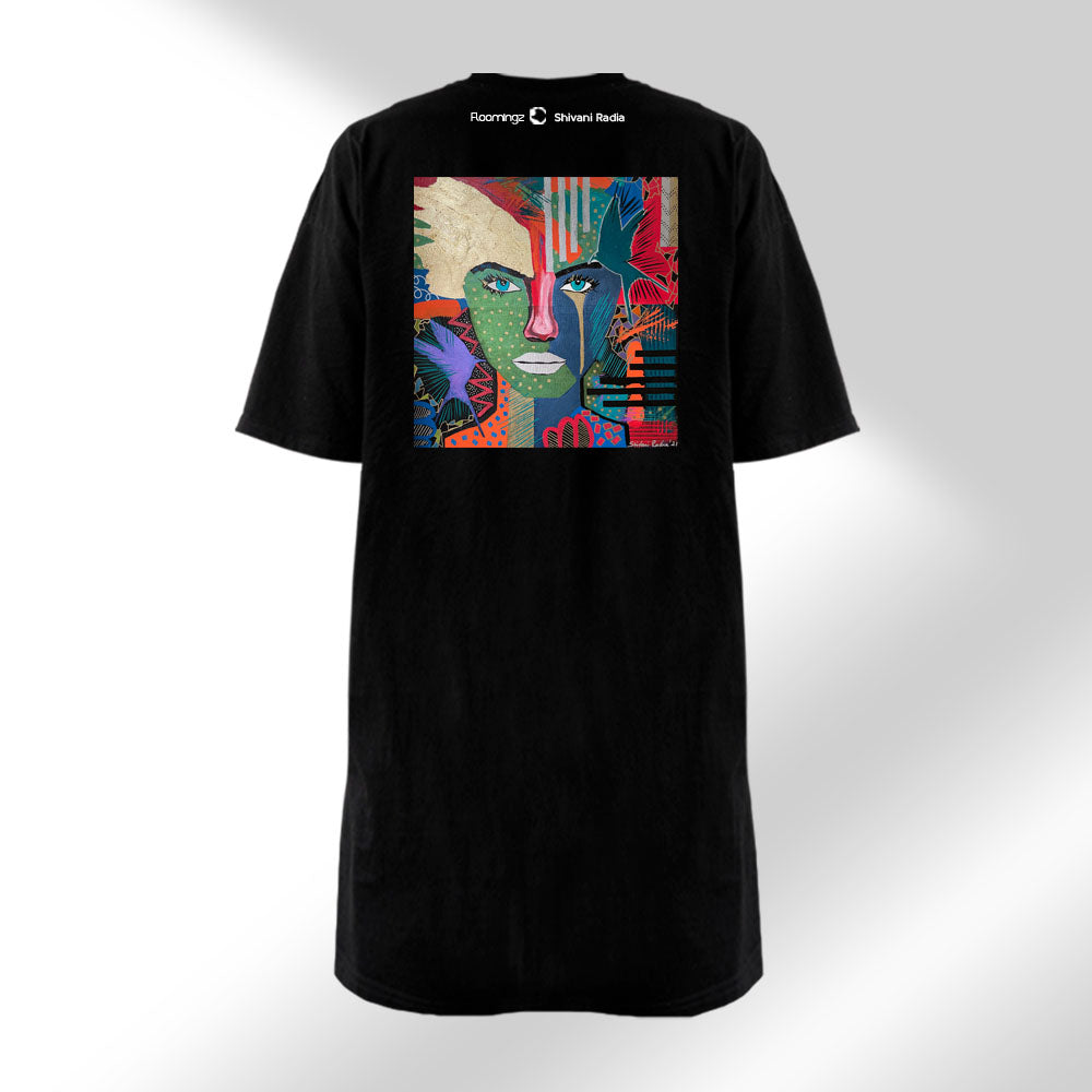 Native Glamour - Women’s Black T-Shirt Dress with Eye Embroidery on Front & Graphic Print on Back