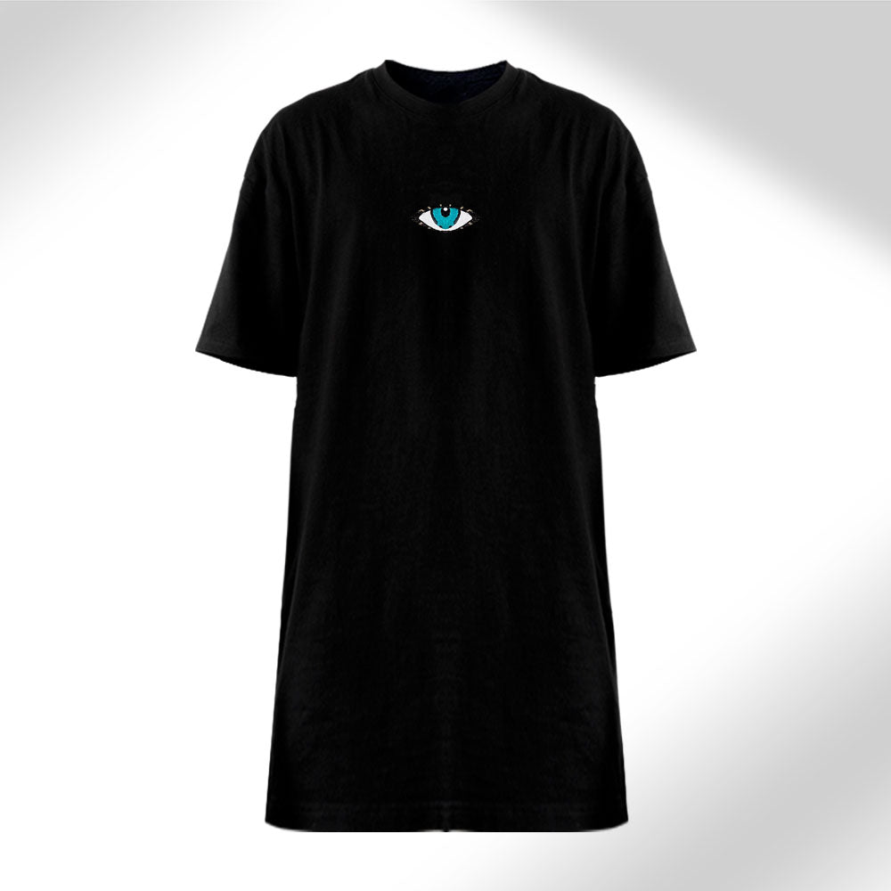 Native Glamour - Women’s Black T-Shirt Dress with Eye Embroidery on Front & Graphic Print on Back