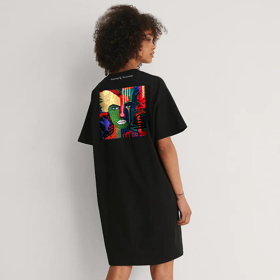 Native Glamour - Women’s Black T-Shirt Dress with Eye Embroidery on Front & Graphic Print on Back