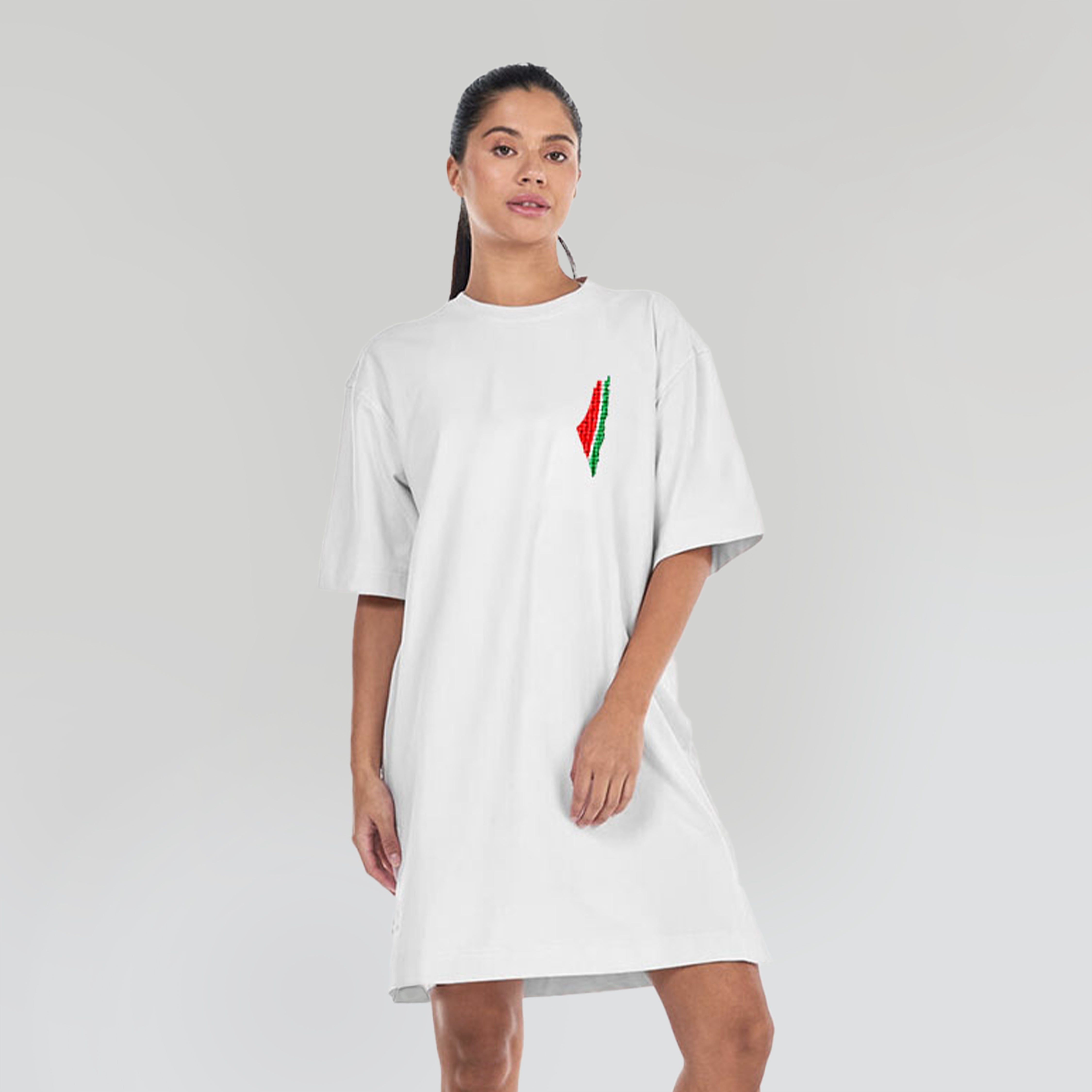 Jubilee - Women’s White T-Shirt Dress with Palestine Map Embroidery in Flag Colors