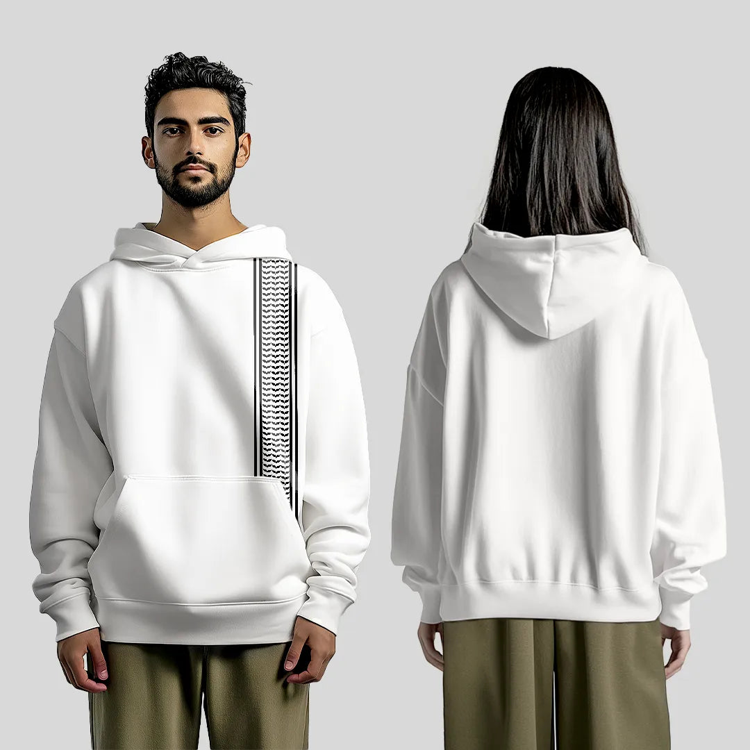 KEFFIYEH - Oversized Unisex White Hoodie with Front Embroidery