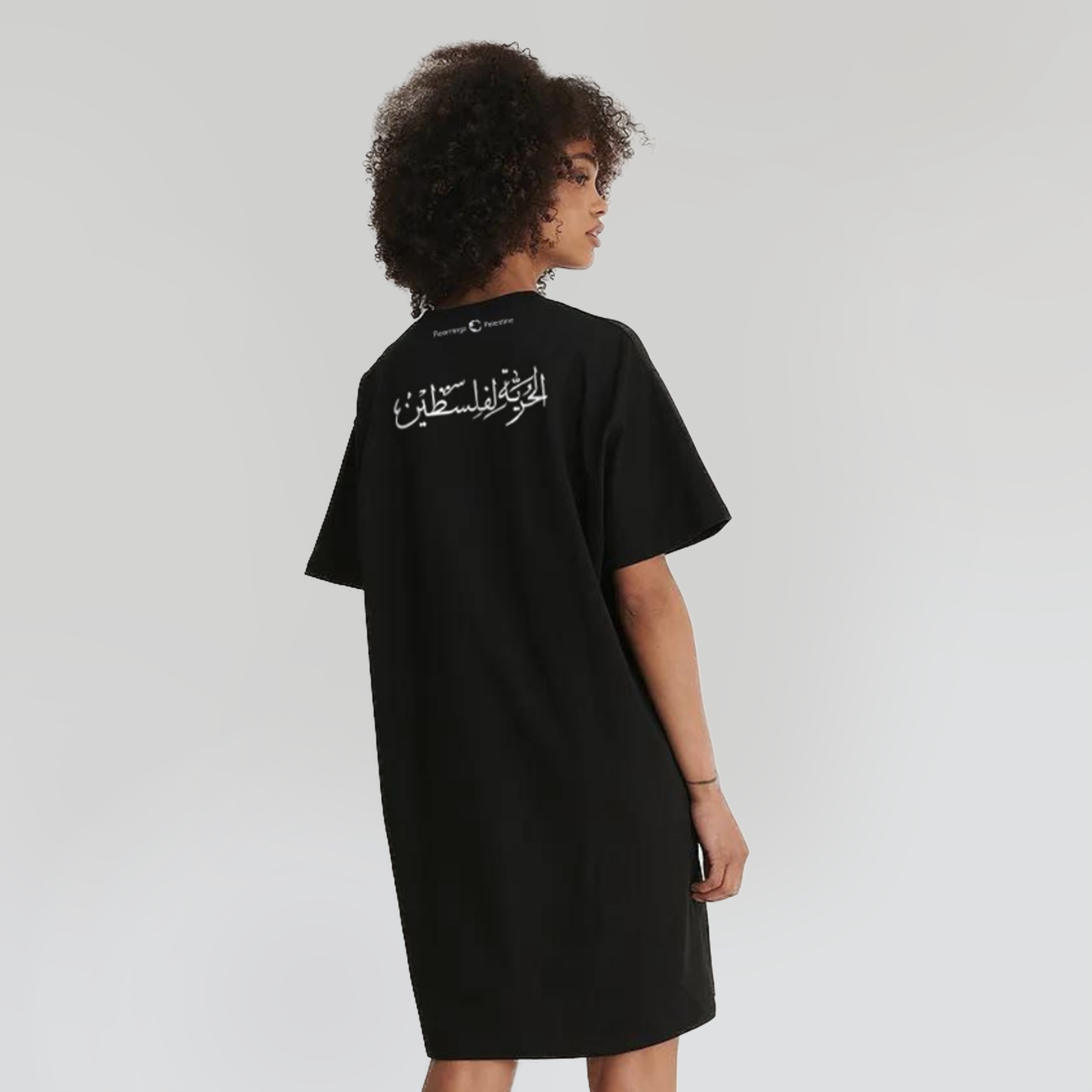 Libre Palestine - Women’s Black T-Shirt Dress with Front Embroidery & Back Graphic Print
