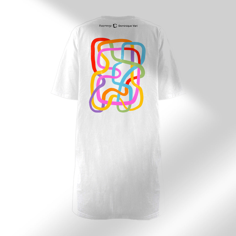 Rainbow Play - Women’s White T-Shirt Dress – Line Art Rainbow Print on Front & Back