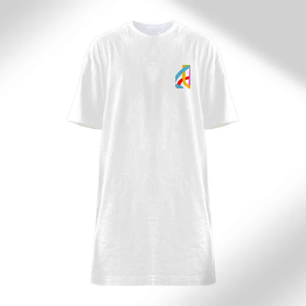 Rainbow Play - Women’s White T-Shirt Dress – Line Art Rainbow Print on Front & Back