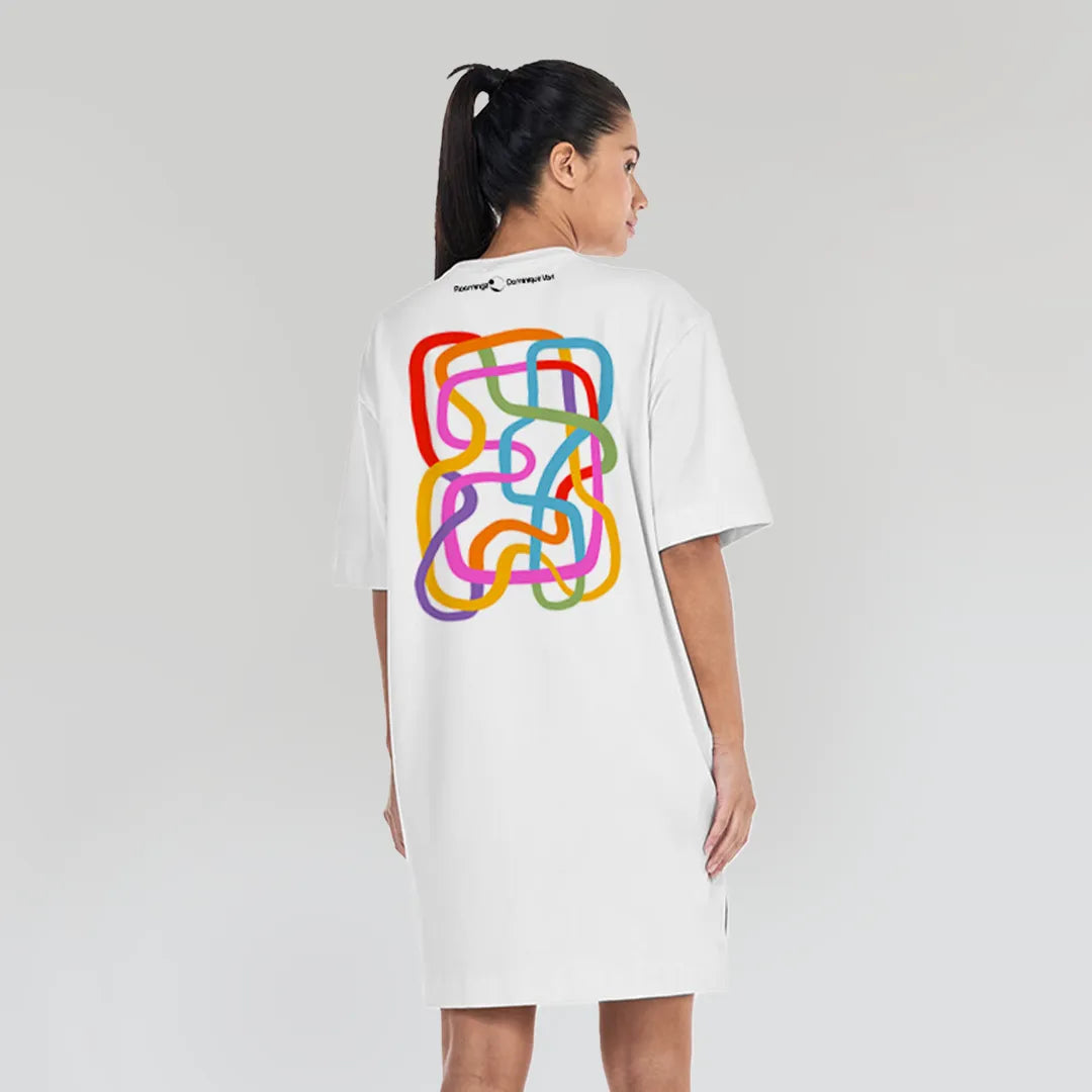 Rainbow Play - Women’s White T-Shirt Dress – Line Art Rainbow Print on Front & Back
