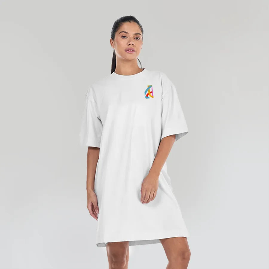 Rainbow Play - Women’s White T-Shirt Dress – Line Art Rainbow Print on Front & Back