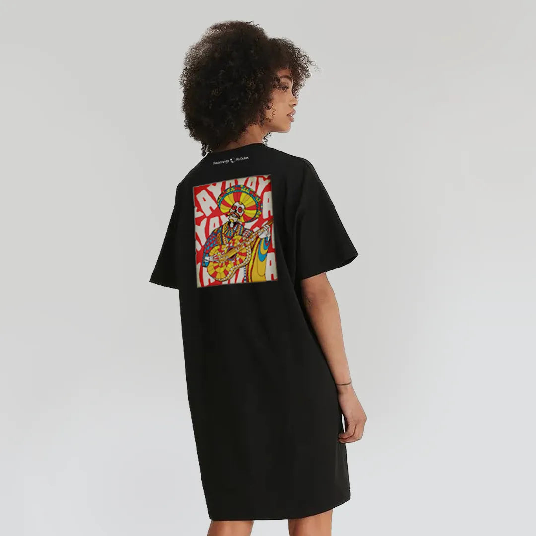 Mariachi - Women’s Black T-Shirt Dress – Mariachi Embroidery & Bold Back Graphic Print