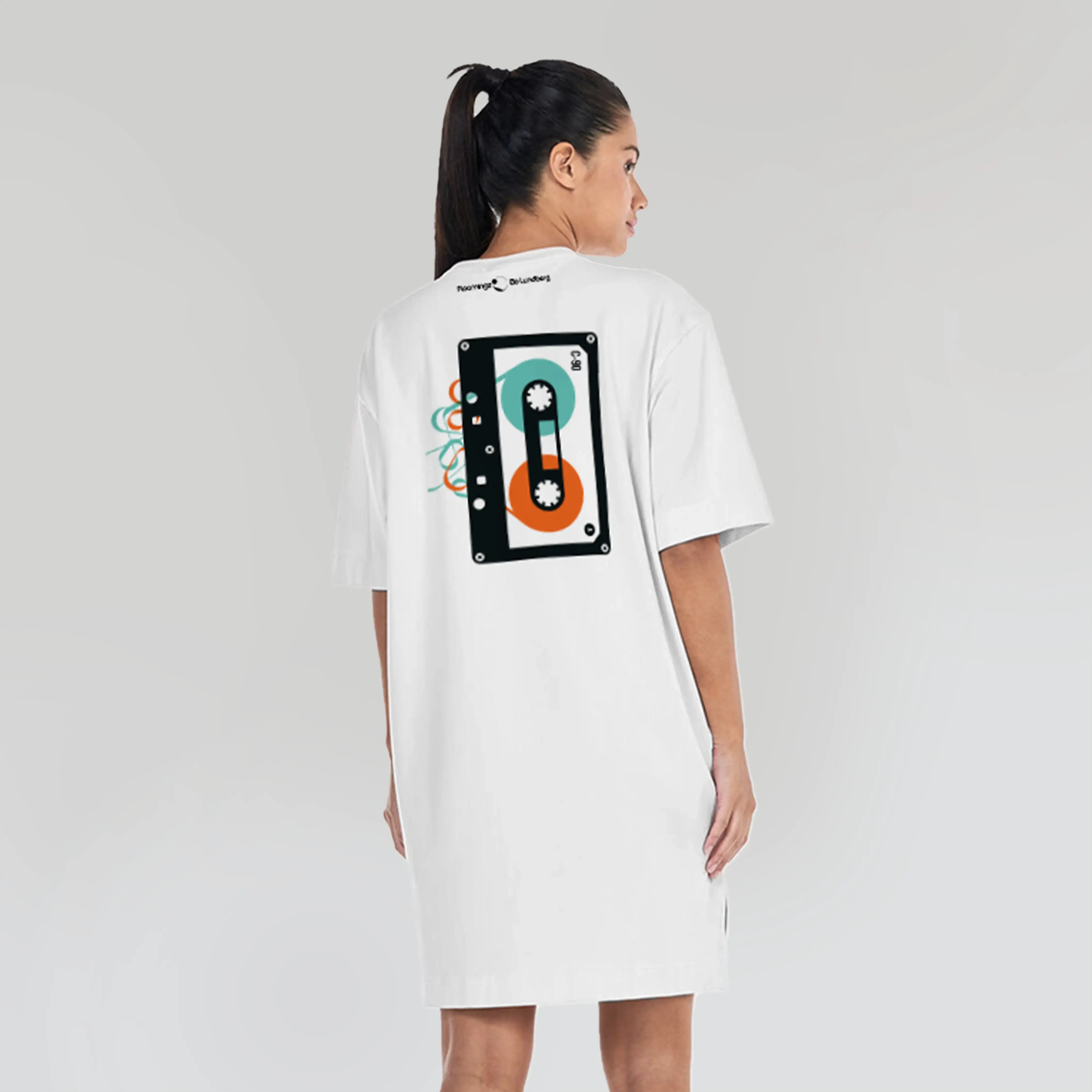 Mix Tape - Women’s Black T-Shirt Dress with Vintage Cassette Graphic Print – Retro Style
