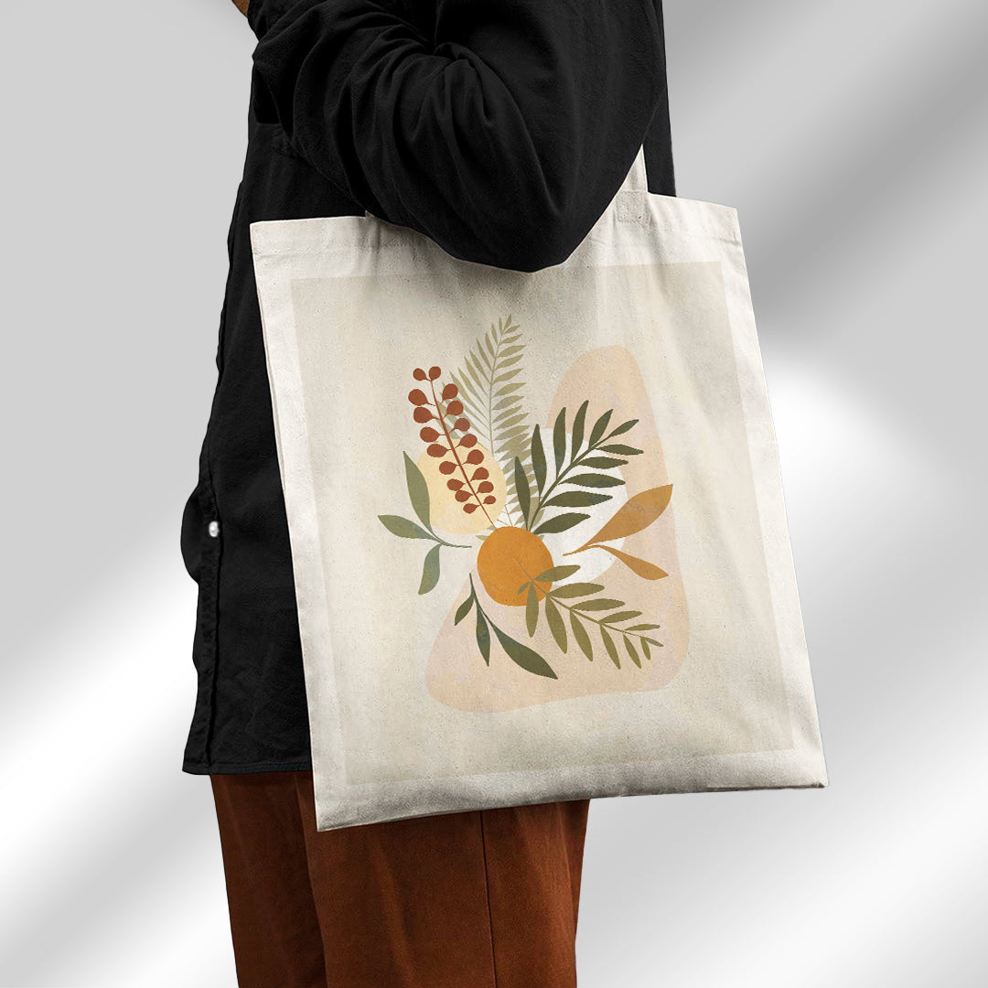 Tropical Bouquet - Beige Canvas Tote Bag with Pastel Leaves Print – Boho Design