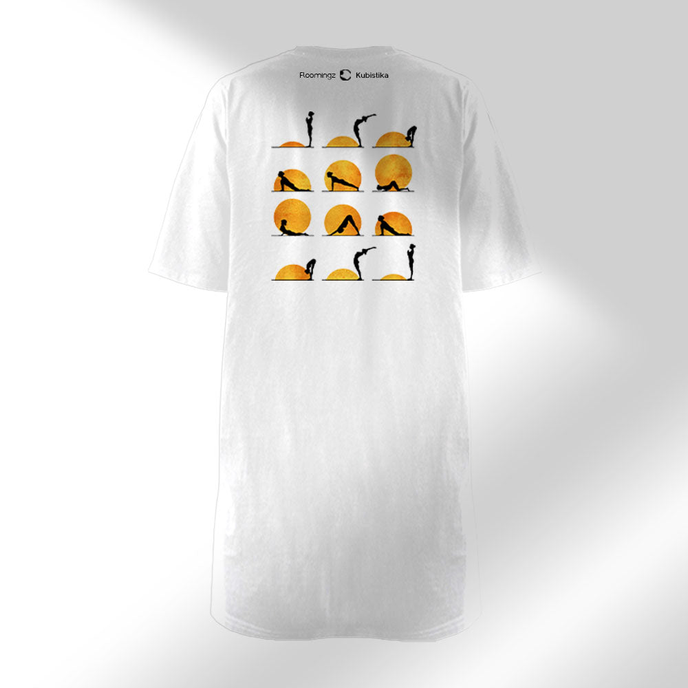 Yoga Sun - Women’s White T-Shirt Dress with Embroidery on Front & Sun-salutation Graphic Print on Back