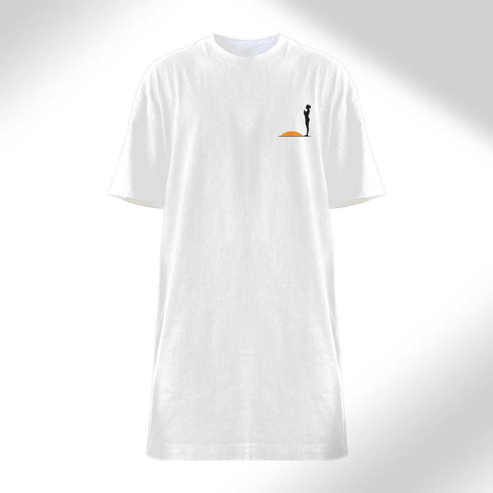 Yoga Sun - Women’s White T-Shirt Dress with Embroidery on Front & Sun-salutation Graphic Print on Back
