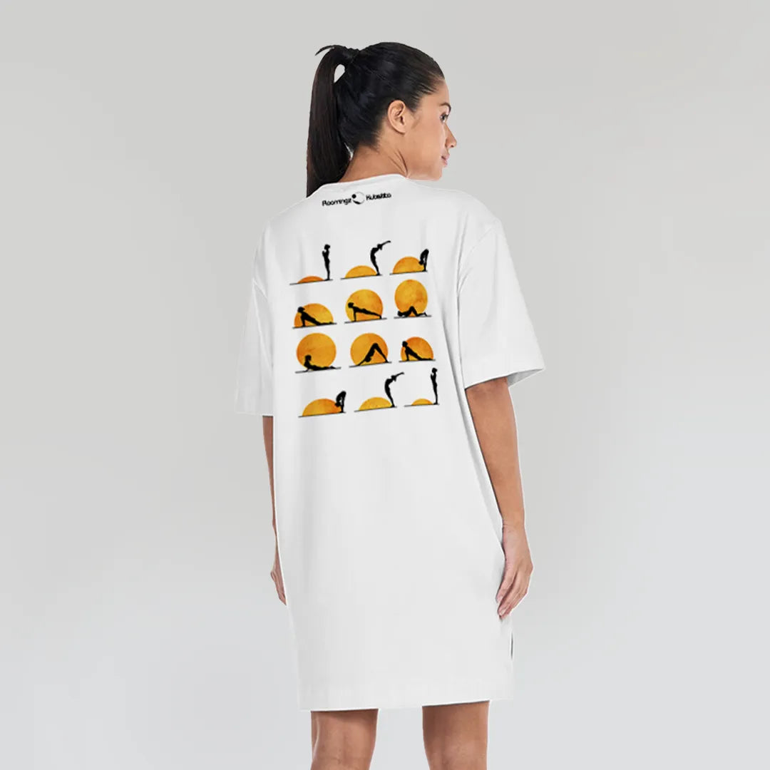 Yoga Sun - Women’s White T-Shirt Dress with Embroidery on Front & Sun-salutation Graphic Print on Back