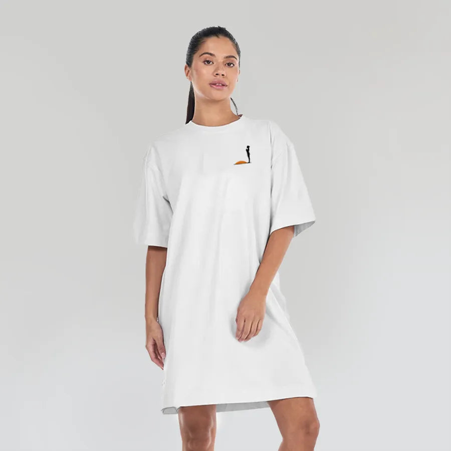 Yoga Sun - Women’s White T-Shirt Dress with Embroidery on Front & Sun-salutation Graphic Print on Back